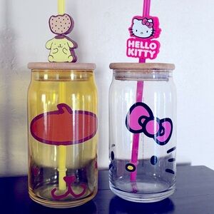Hello Kitty and Pom Pom Purin ; drinking glasses with straws/lids